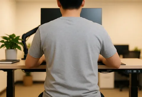 Back view of person working at high desk with monitor, plant, and notebook in modern office with warm light