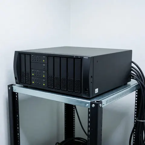Black DVR unit with multiple batteries and indicator lights mounted on a metal rack in a server room with black cables and white walls