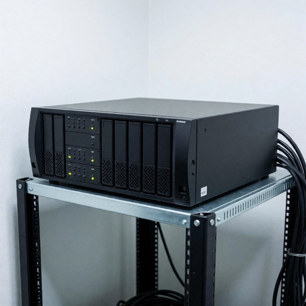 Black DVR unit with multiple batteries and indicator lights mounted on a metal rack in a server room with black cables and white walls