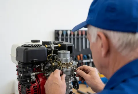 A mechanic inspects a carburetor while performing maintenance on agricultural equipment in an outdoor field setting