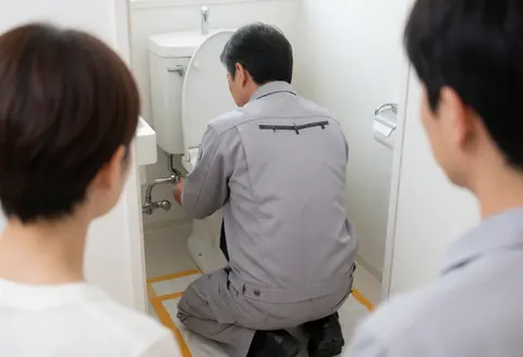 A plumber in a gray uniform installs a white toilet in a white bathroom while two people watch from the sides