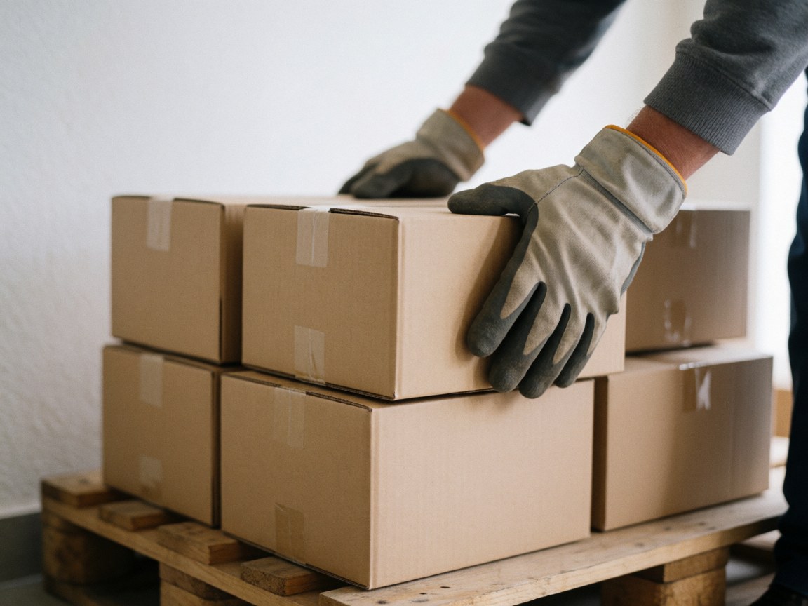Close-up of gloved hands stacking cardboard boxes on a wooden pallet against a white background with natural lighting
