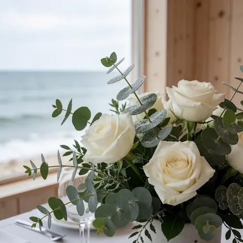Elegant coastal wedding centerpiece featuring white roses and eucalyptus on a wooden table with wine glasses and cutlery near the ocean