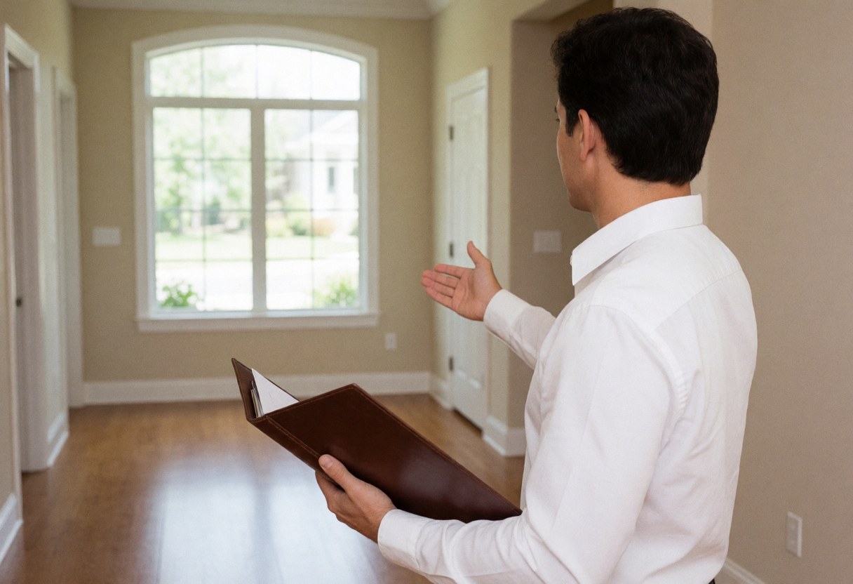 A real estate agent in a white shirt presents a property using a folder, standing in a room with wooden floors and beige walls under natural light.