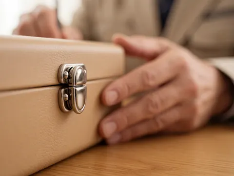 Close-up of a shiny metal clasp on an optical case resting on a wooden table, highlighting precision and professional detail.