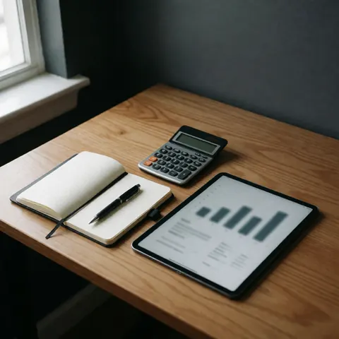 A wooden desk displays a strategic planning kit including a notebook, pen, calculator, tablet, and chart for business consulting and analysis.