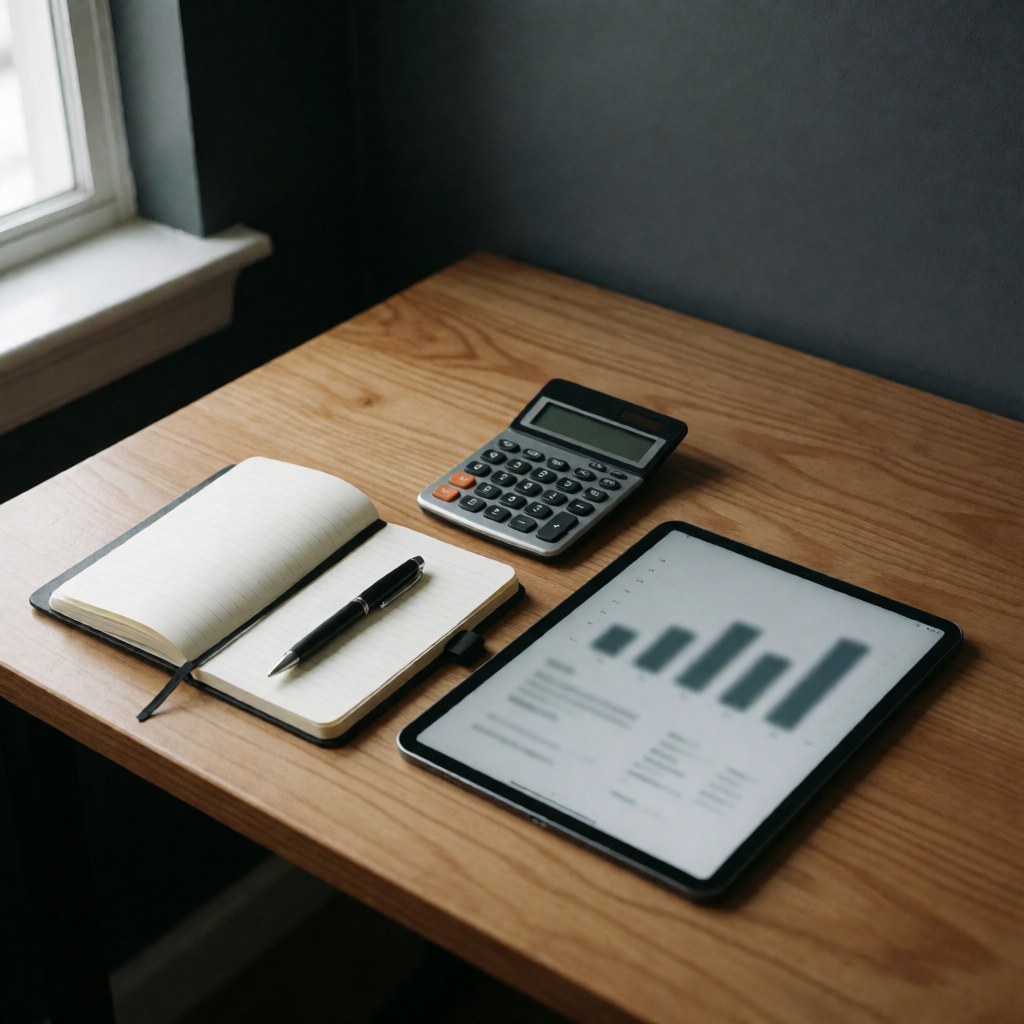 A wooden desk displays a strategic planning kit including a notebook, pen, calculator, tablet, and chart for business consulting and analysis.