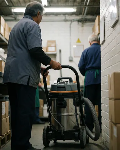 A professional worker pushes an industrial vacuum cleaner down a warehouse aisle lined with boxes and brick walls under industrial lighting.