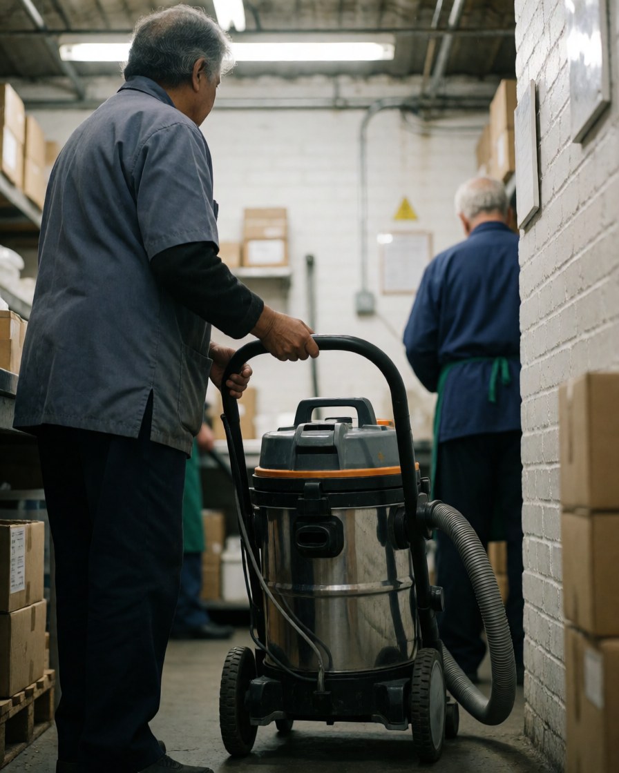 A professional worker pushes an industrial vacuum cleaner down a warehouse aisle lined with boxes and brick walls under industrial lighting.