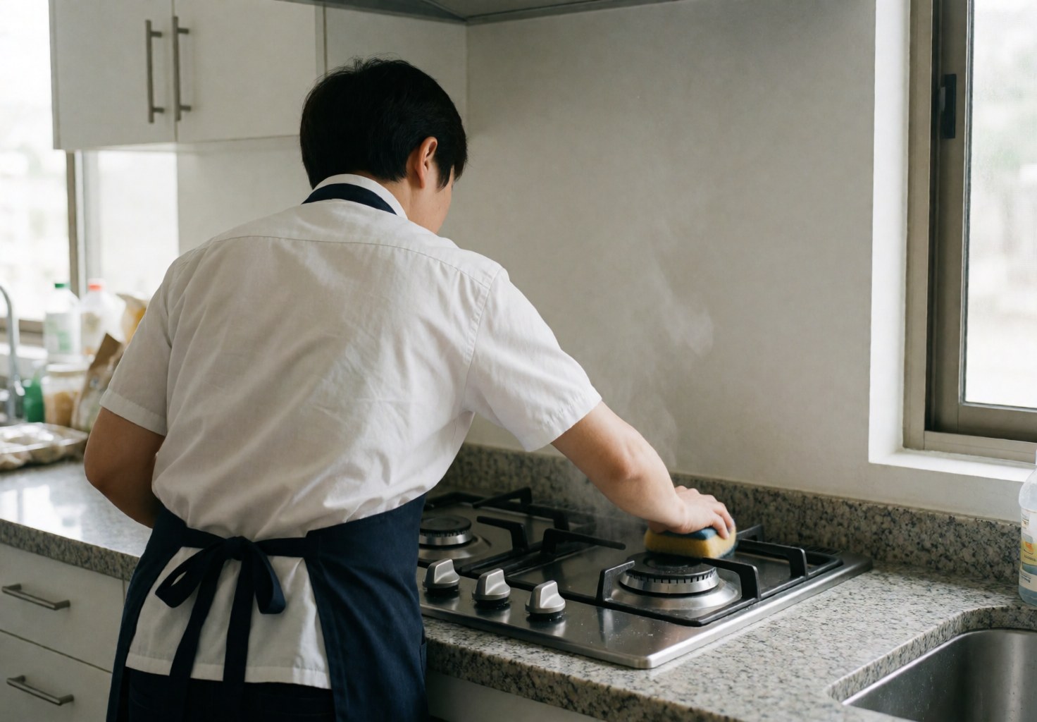 A cleaning professional in an apron and white shirt scrubs a stainless steel stove in a kitchen with granite counters and white cabinets.