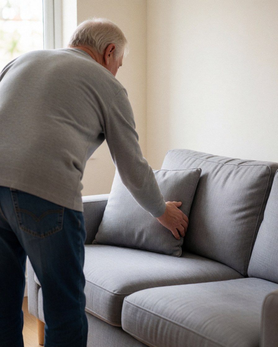 A satisfied client touches the fabric of a freshly cleaned gray sofa in a bright room with white walls.
