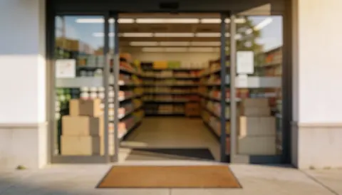 A soft focus background of a grocery store entrance featuring doors, welcome mat, and interior shelves with products.
