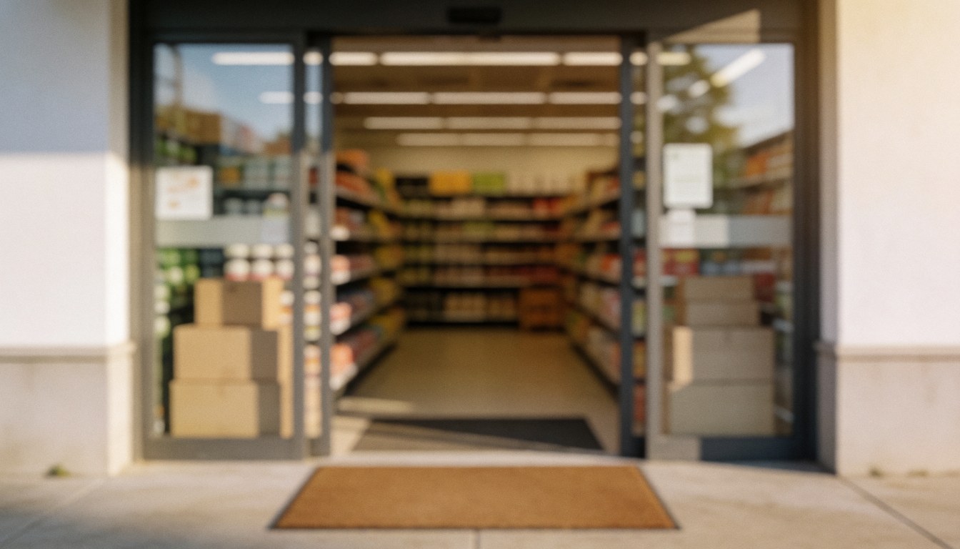 A soft focus background of a grocery store entrance featuring doors, welcome mat, and interior shelves with products.