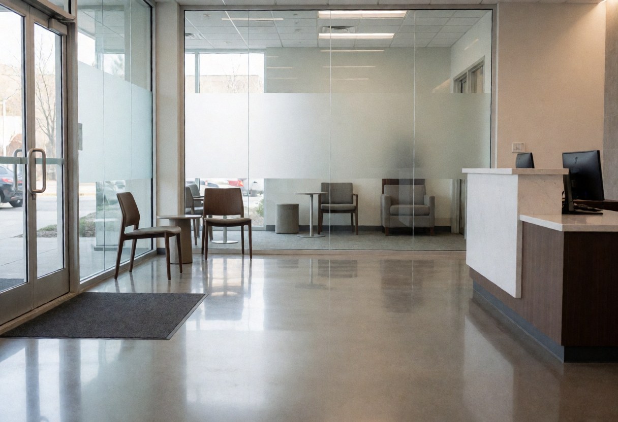 Bright modern office interior featuring a reception desk, chairs, polished concrete floor, and glass walls, ideal for cleaning service marketing.
