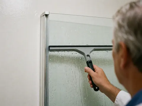 A close-up view of a hand using a squeegee to wipe water from a shower glass door, with droplets running down the edge against a white tiled wall.
