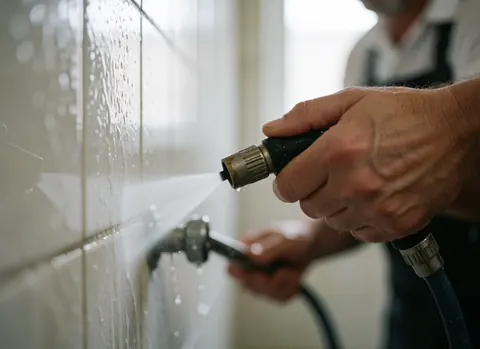 A hand holds a faucet spraying water onto bathroom tiles to clean them, with a blurred background showing professional hygiene.