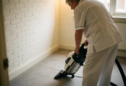 A professional cleaner uses an extraction machine to deep clean a residential carpet in a home setting