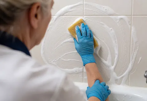 A professional cleaner wearing a blue glove uses a sponge and foam to scrub ceramic bathroom tiles, ensuring a hygienic and clean surface.