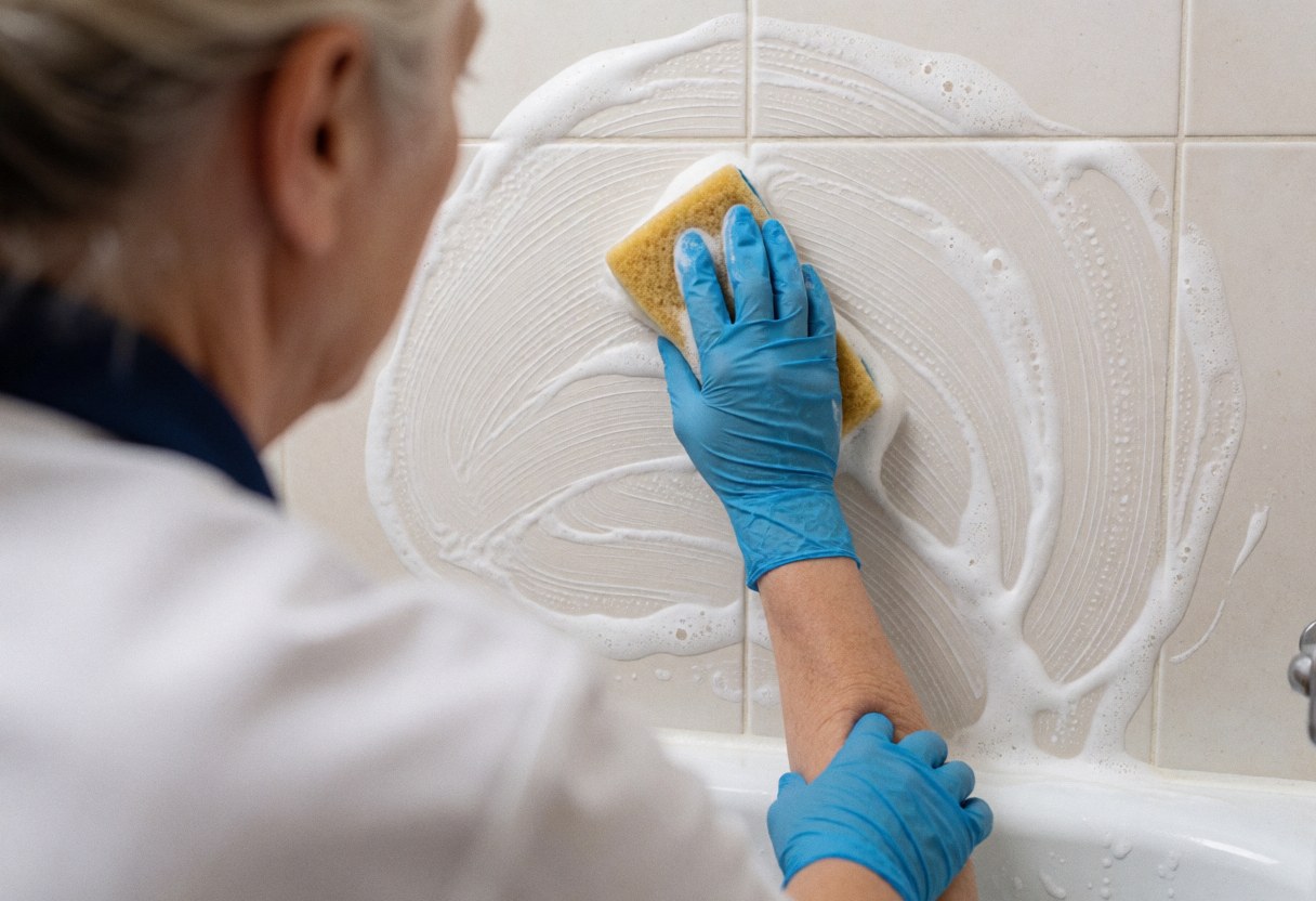 A professional cleaner wearing a blue glove uses a sponge and foam to scrub ceramic bathroom tiles, ensuring a hygienic and clean surface.