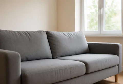 A clean and empty living room featuring a beige sofa, gray walls, and natural light streaming through a window, creating a serene and tidy atmosphere.