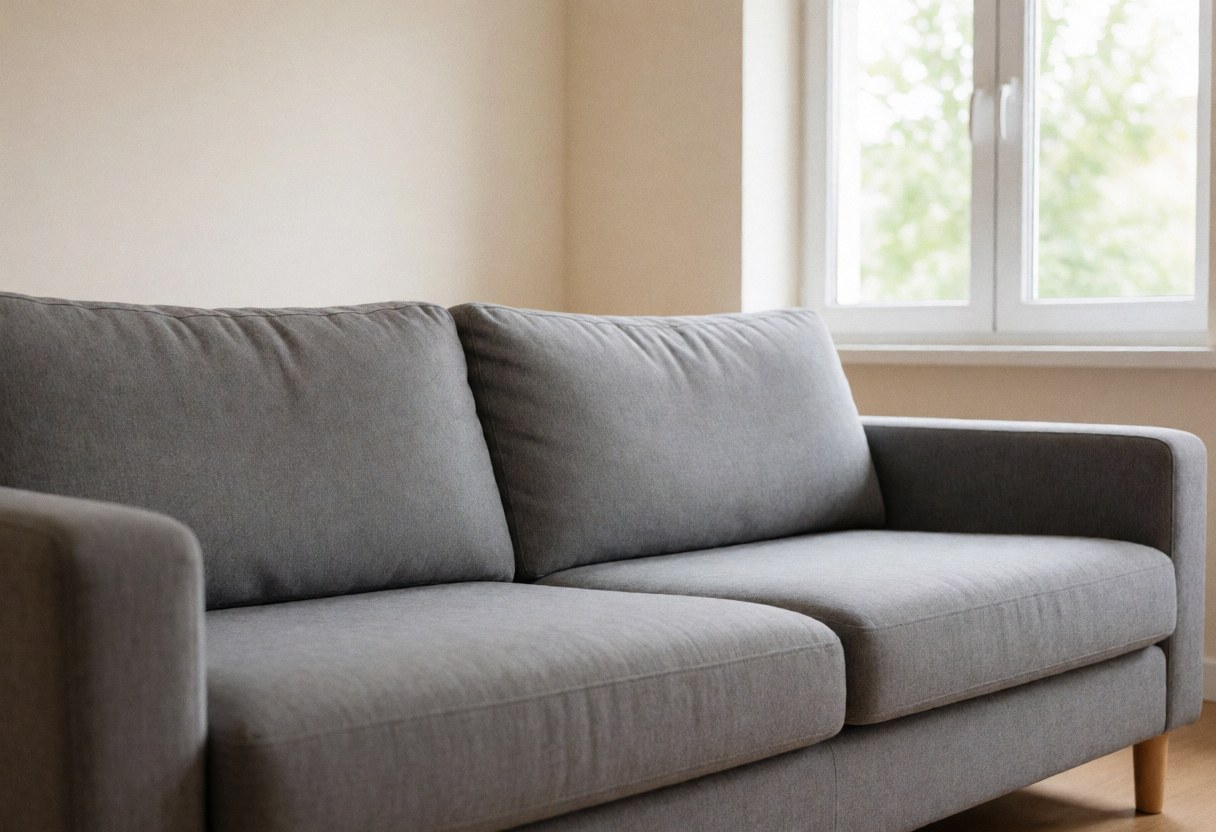 A clean and empty living room featuring a beige sofa, gray walls, and natural light streaming through a window, creating a serene and tidy atmosphere.