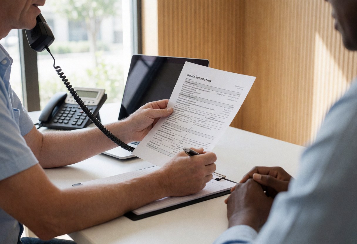 A close-up view of a travel agency agent's hands holding a pen and reviewing health insurance papers on a desk with a laptop and phone.