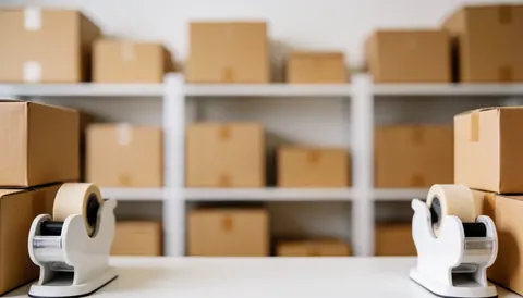 A neutral warehouse background featuring stacked cardboard boxes, tape dispensers, and shelving units, suitable for text overlay in business contexts.