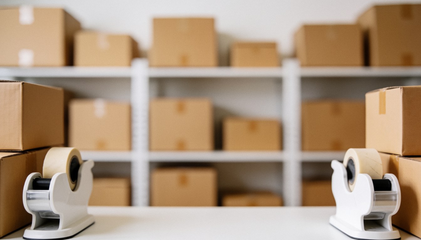 A neutral warehouse background featuring stacked cardboard boxes, tape dispensers, and shelving units, suitable for text overlay in business contexts.