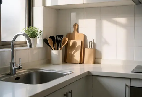 A clean and organized kitchen countertop featuring a stainless steel sink, neatly arranged knives, cutting boards, and various cooking utensils ready for use.