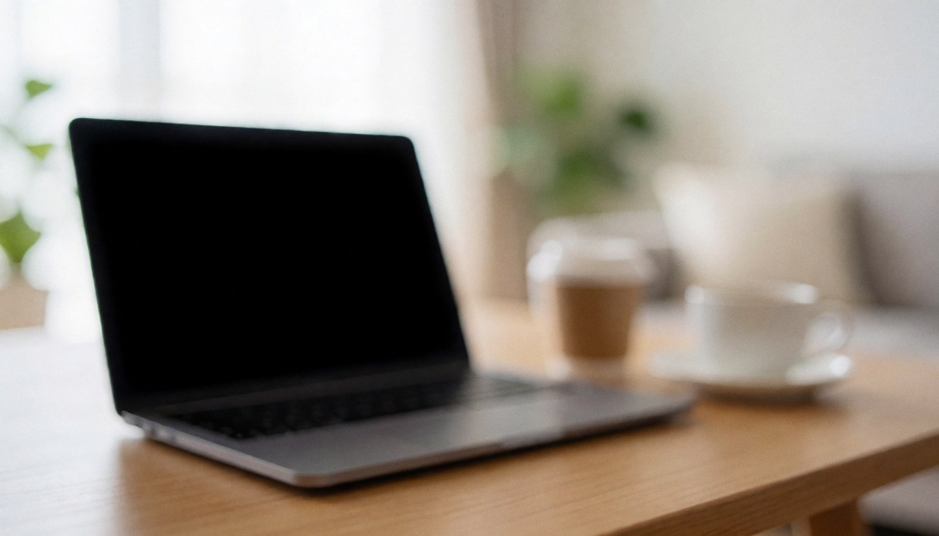 A clean wooden desk in a bright room featuring a laptop, a coffee cup, and a small plant, providing a calm and professional background for online course materials.