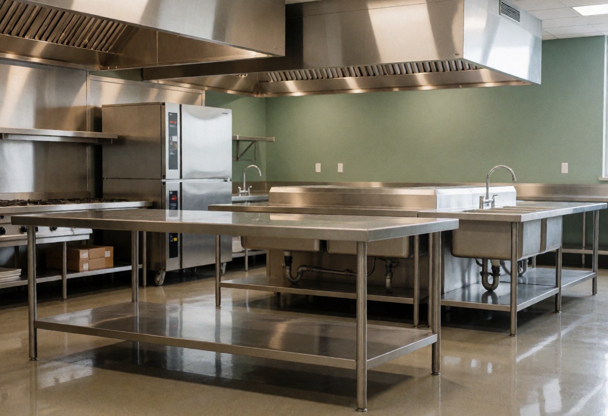 Empty clean commercial kitchen featuring stainless steel tables and sinks, green walls, industrial ventilation, and polished floors ready for food preparation.