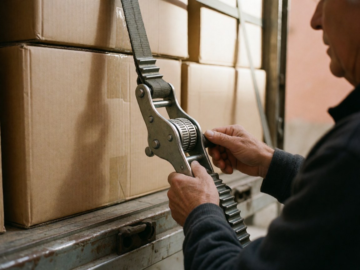 A man secures a metal ratchet strap around cardboard boxes in a truck bed with terracotta walls in the background.