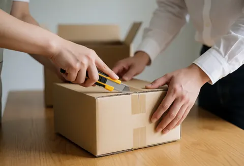 Close-up of hands using a cutter to slice packing tape off a cardboard shipping box on a wooden table, illustrating online store order fulfillment.