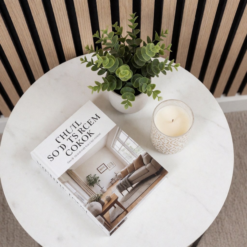 Round white marble coffee table featuring a decorative book, artificial plant, and candle against a wooden slat wall, ideal for furniture stores and interior design.