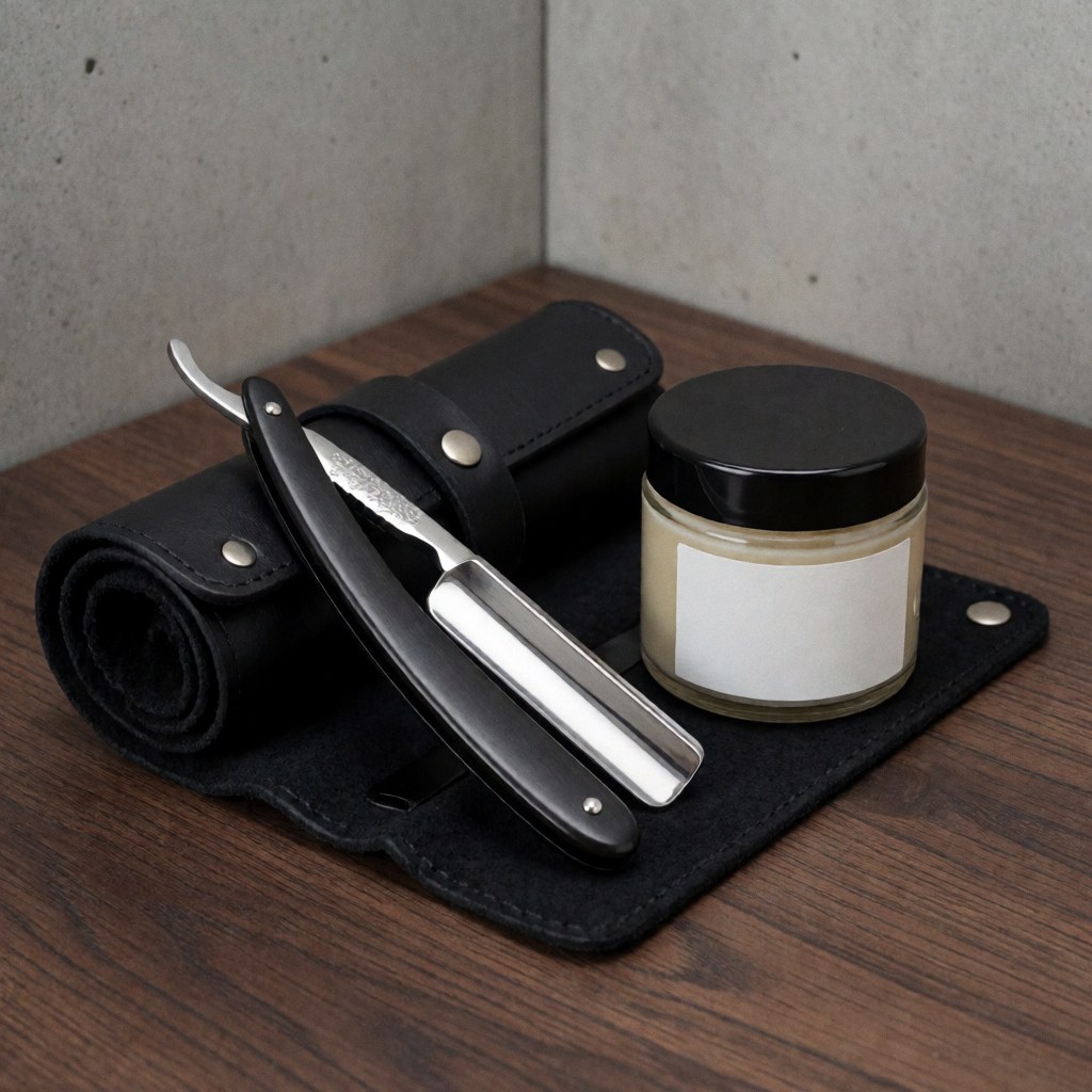 Straight razor resting on a black leather case beside a shaving soap jar on a dark wood surface against a concrete wall