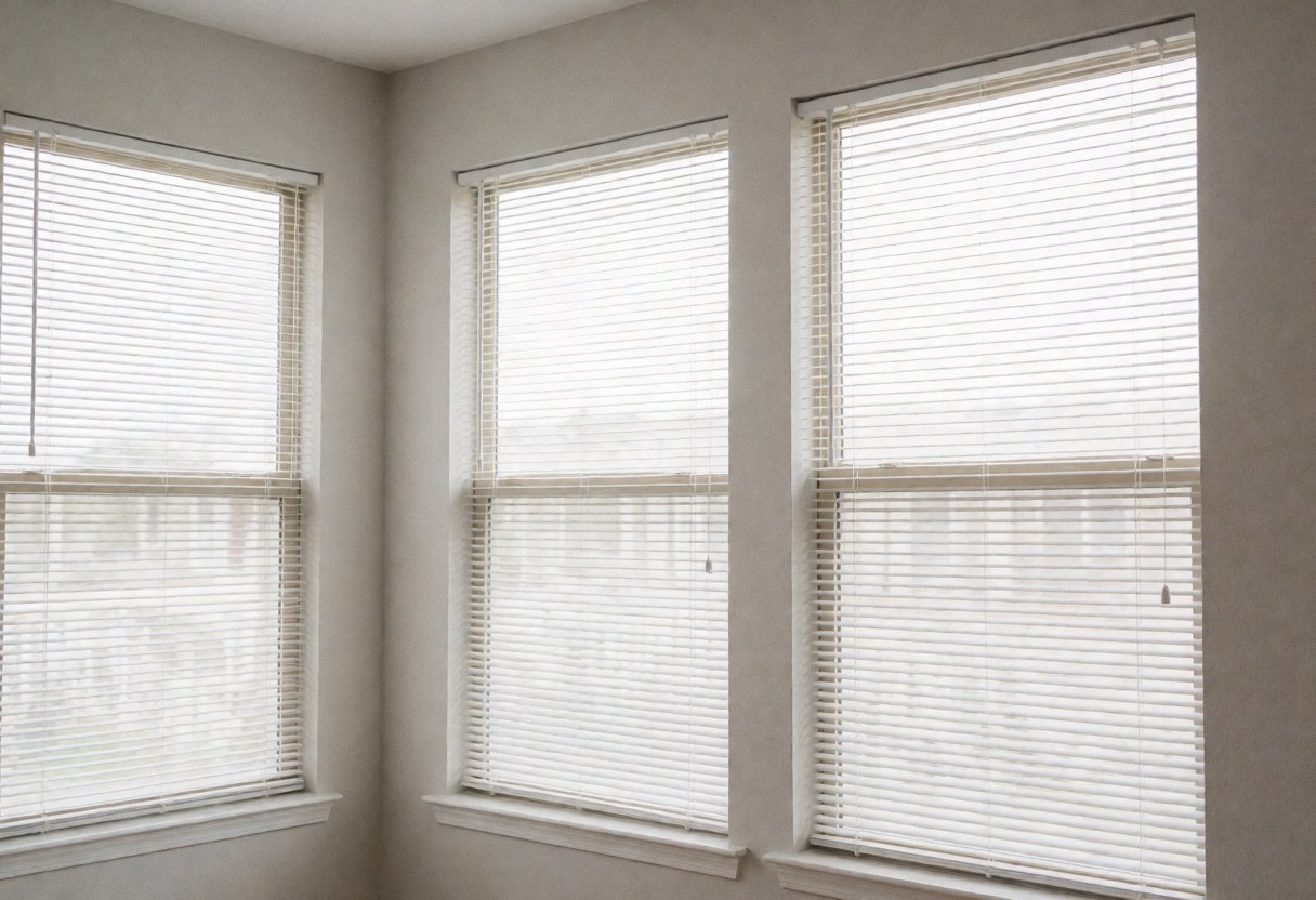 Empty and clean living room with three large windows covered by open white blinds, light gray walls, soft natural lighting, and a tidy atmosphere ideal for home cleaning services.