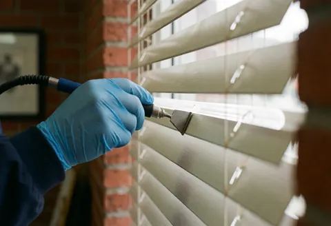 Hand wearing blue glove using specialized tool to clean between window blinds against red brick wall, focusing on precision work