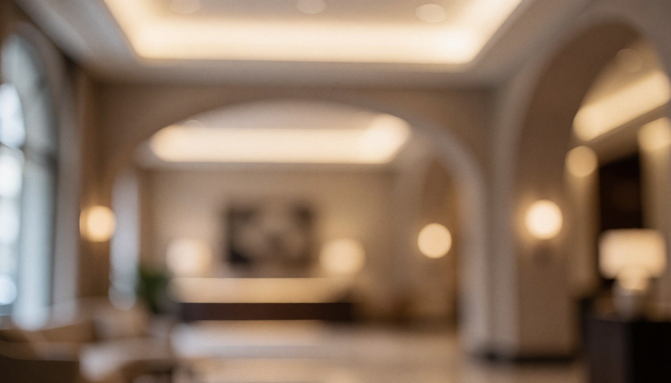 Soft focus beige and taupe hotel lobby interior with warm ambient lighting and bokeh effects, ideal for text overlay