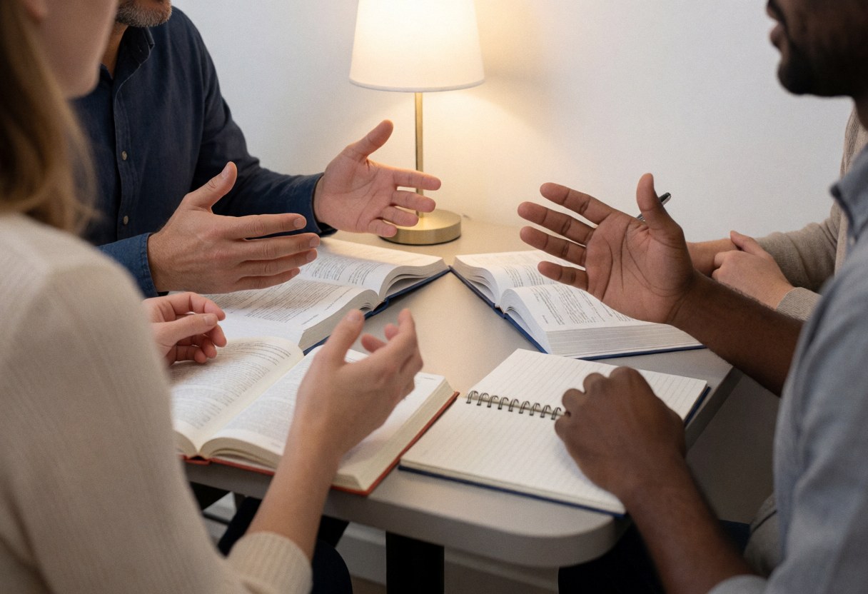 Three people sitting at a table with books and notebooks, conversing with gestures under warm lamp light in a realistic language study scene