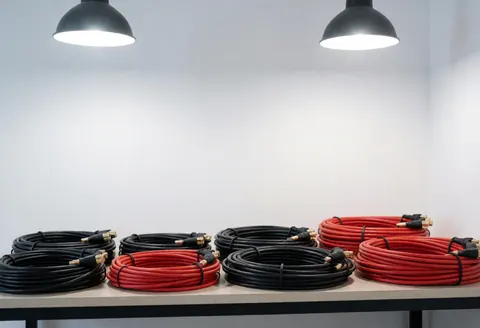 A clean white display case containing red and black solar cables and connectors, showcasing modern solar energy components for business use.