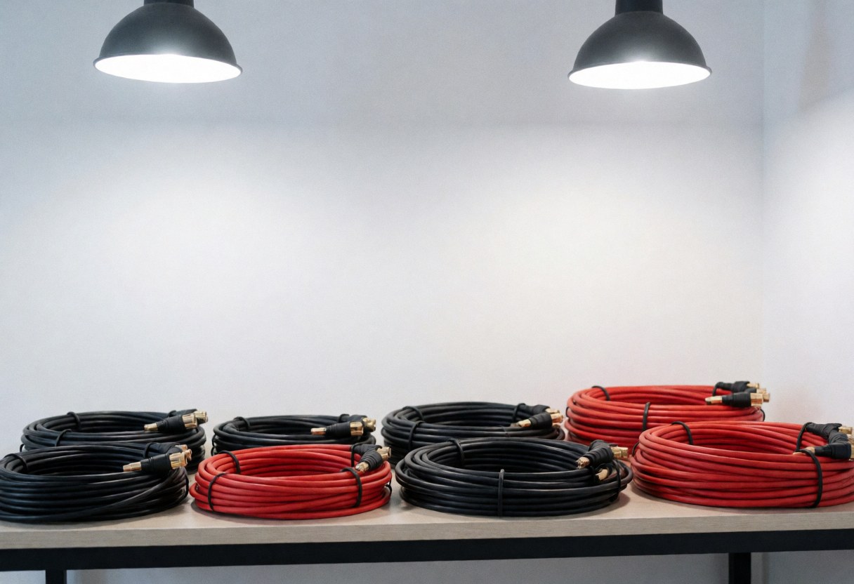 A clean white display case containing red and black solar cables and connectors, showcasing modern solar energy components for business use.