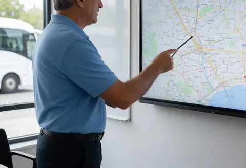 Driving school instructor points to a digital map route while a training bus is visible through the window