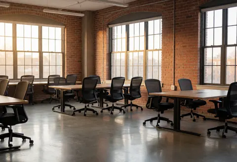 Empty modern office featuring wooden desks, ergonomic chairs, brick walls, and large windows letting in sunlight, ideal for online courses and creative work.