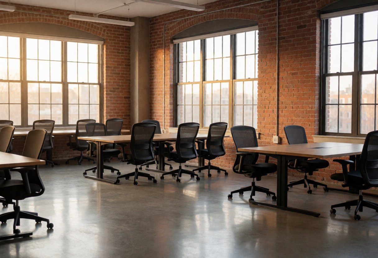 Empty modern office featuring wooden desks, ergonomic chairs, brick walls, and large windows letting in sunlight, ideal for online courses and creative work.