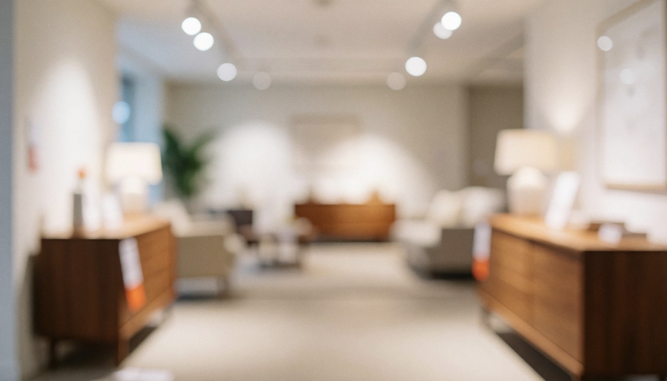 Clean and professional background of a modern furniture showroom featuring minimalist wooden furniture displays suitable for business websites and marketing materials