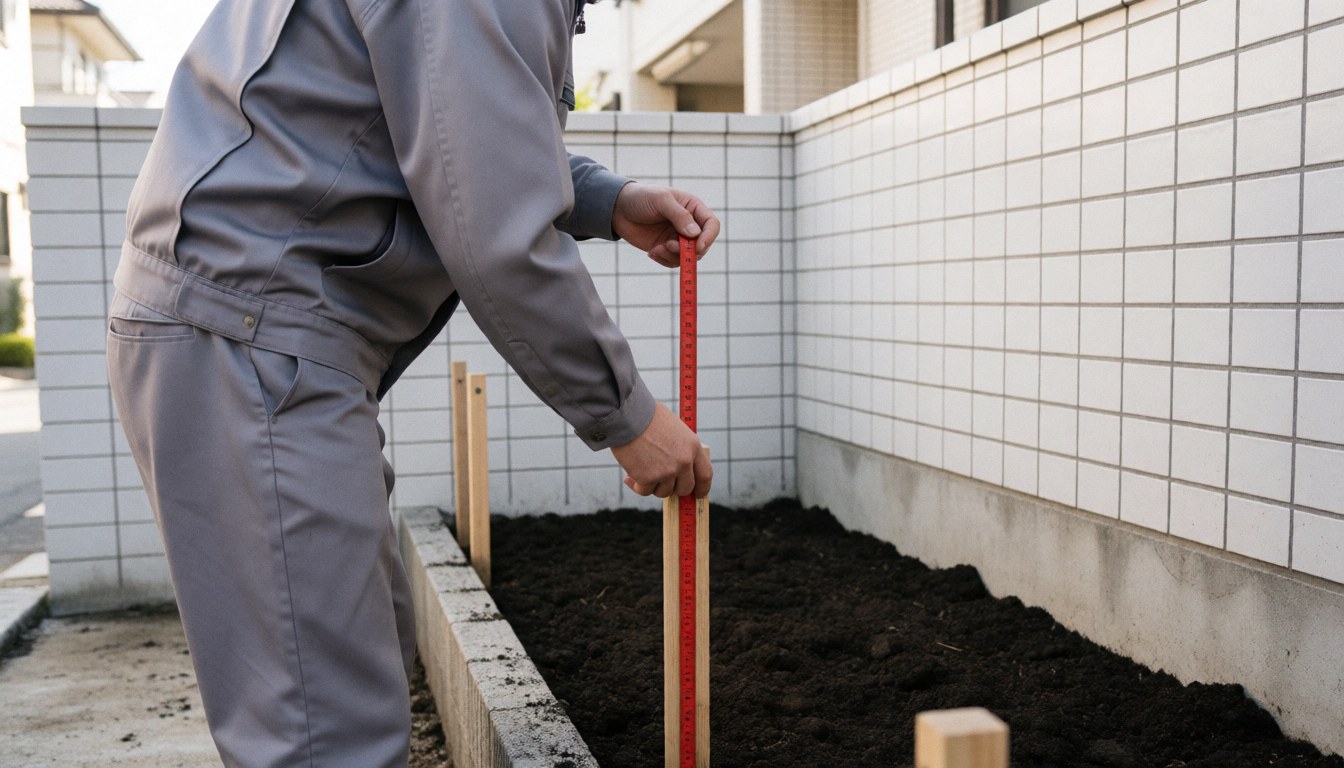 Professional landscaper measuring a boundary with a red tape measure between wooden stakes in prepared soil near a white ceramic wall.