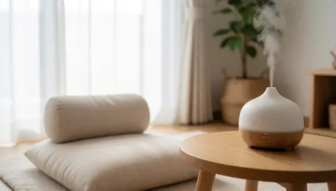 Serene wellness corner featuring an essential oil diffuser, meditation cushion, potted plant, and natural light near a window, perfect for health and nutrition content.