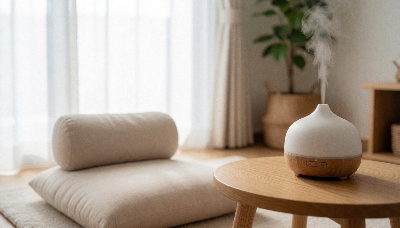 Serene wellness corner featuring an essential oil diffuser, meditation cushion, potted plant, and natural light near a window, perfect for health and nutrition content.