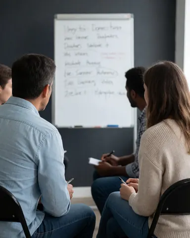 A group of diverse participants sitting in a classroom setting, taking notes and engaging in professional training and community development activities