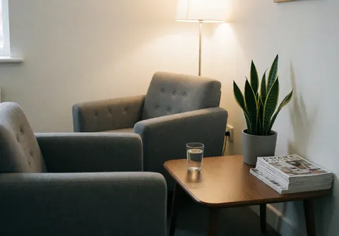 Two gray armchairs in a spa waiting area with a wooden table, plant, water glass, and magazines under warm lighting